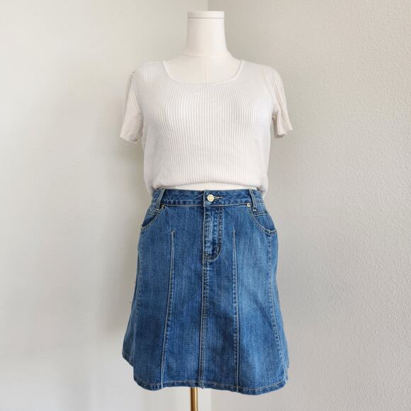 Y2K Baccini Blue Denim A-Line Mini Denim Skirt Seamed Panel High Waisted L - Picture 1 of 8